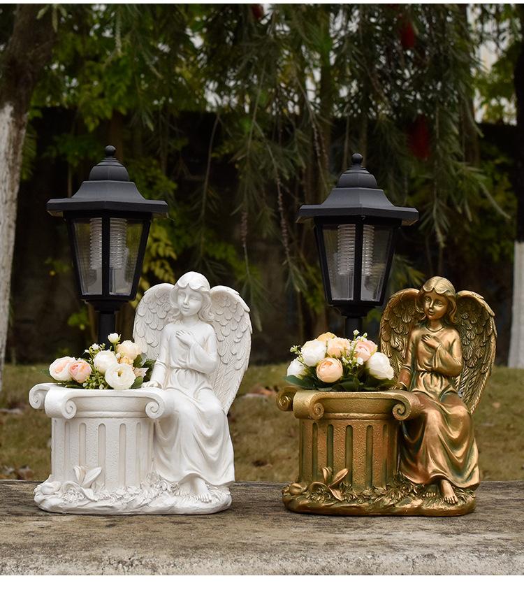 Guardian Angel Solar Lantern Statue – Elegant Resin Garden Planter & Glowing Orb Sculptures