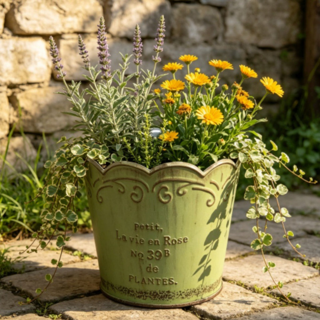 Vintage French Country Metal Planter Set – 3-Piece Rustic Scalloped Flower Pots