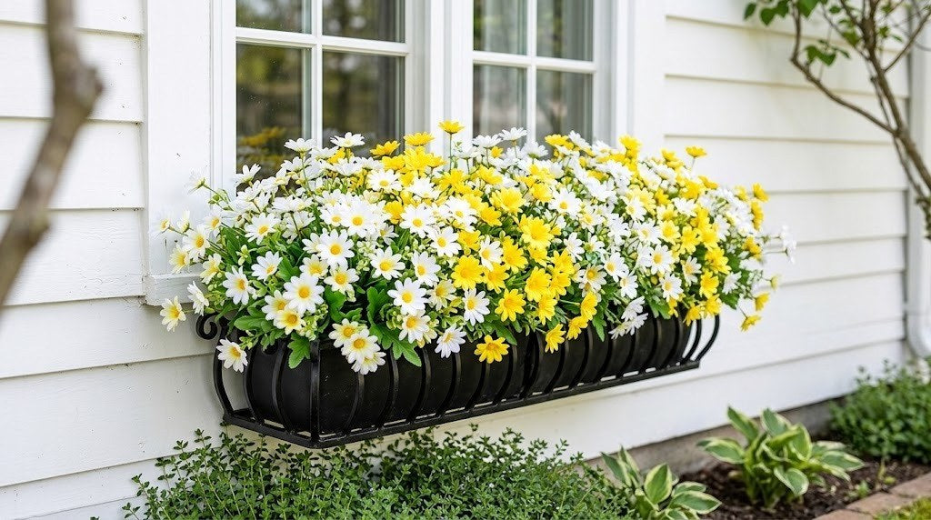 White and yellow faux daisy flowers in a black window planter box