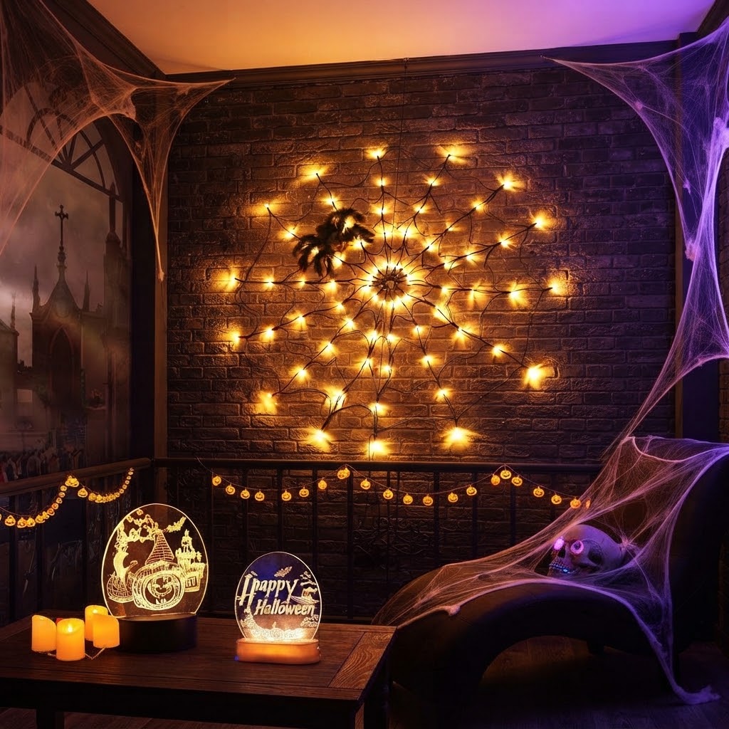 Decoración gigante de telaraña LED con luces blancas cálidas y araña central negra.
