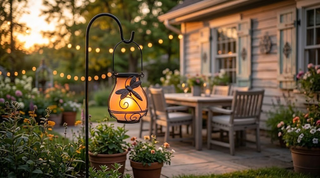 Hanging solar flame lantern with frosted glass, butterfly cutout, warm glowing light