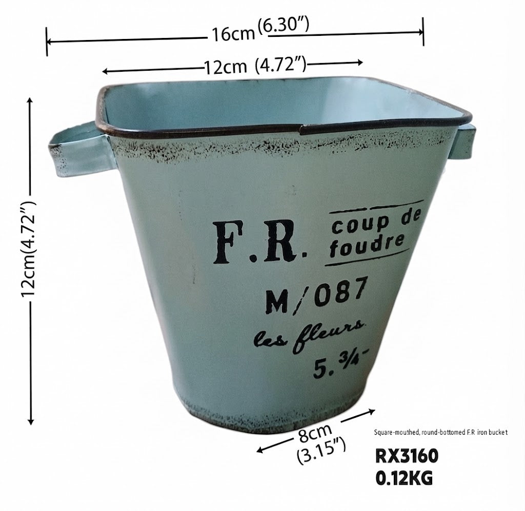 French Country Vintage Planter – Rustic "Coup de Foudre" Square-Top Metal Bucket (2 Colors)