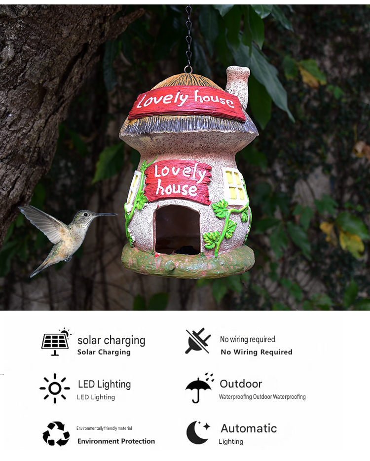 Solar Fairy Cottage Birdhouse – Hand-Painted Glowing Woodland Garden Lantern