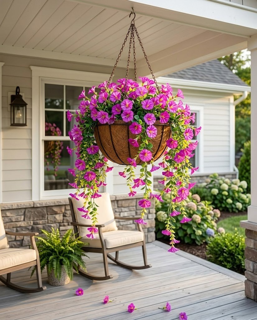 Artificial hanging vine flowers with vivid purple blooms in a hanging basket.