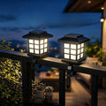 Warm-white solar strap-on railing lanterns, black metal, square frosted panels