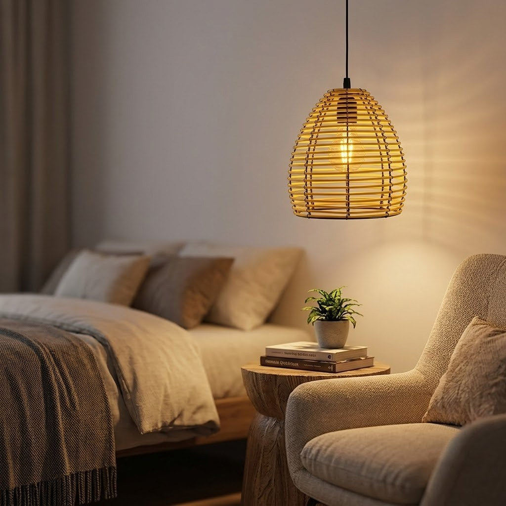 Rattan pendant lantern light hanging indoors with warm glow