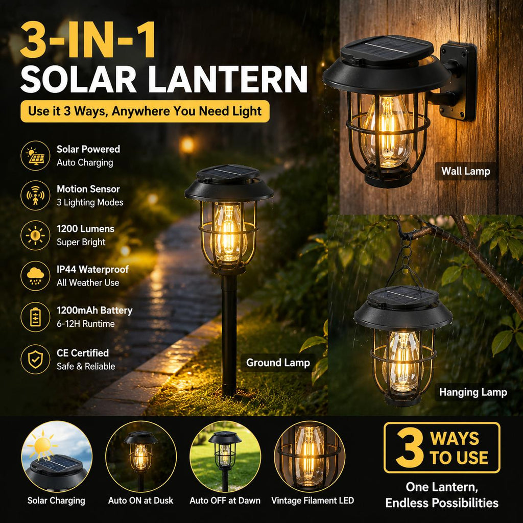 3-in-1 Solar Edison Lantern – Motion Sensor Outdoor Stake, Wall Sconce & Hanging Light
