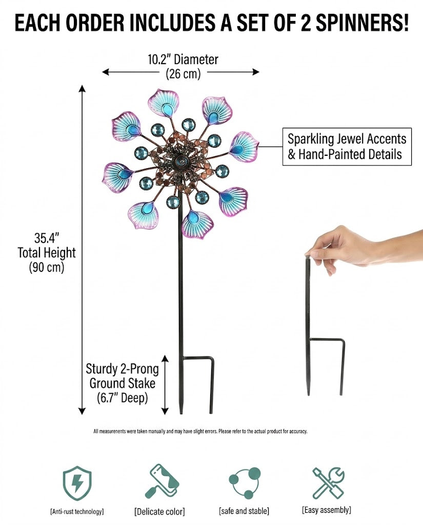 Kinetic Jeweled Peacock Wind Spinners – 3D Rotating Metal Garden Stakes (Set of 2)