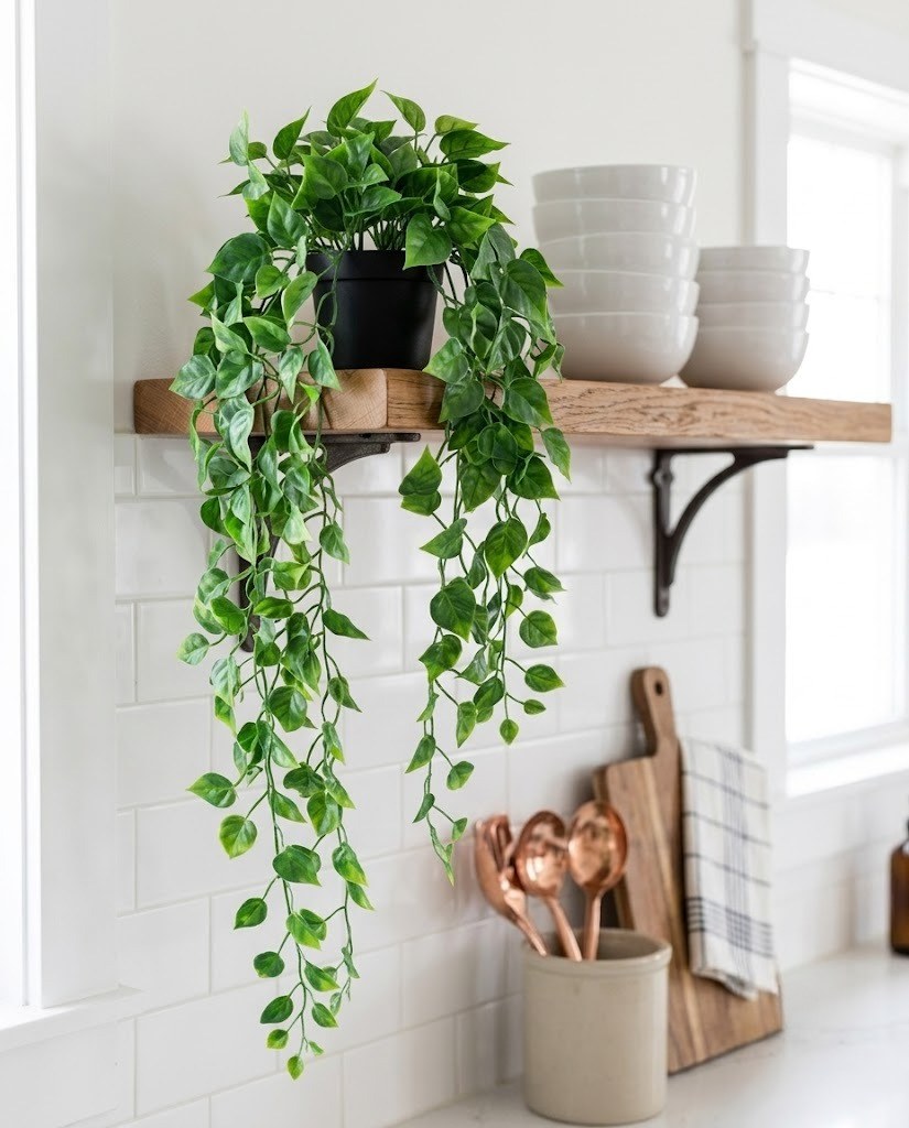 Artificial hanging potted plant with trailing green vines and heart-shaped leaves