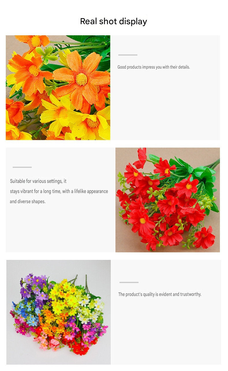 Colorful faux daisy stems in orange, red, and purple tones
