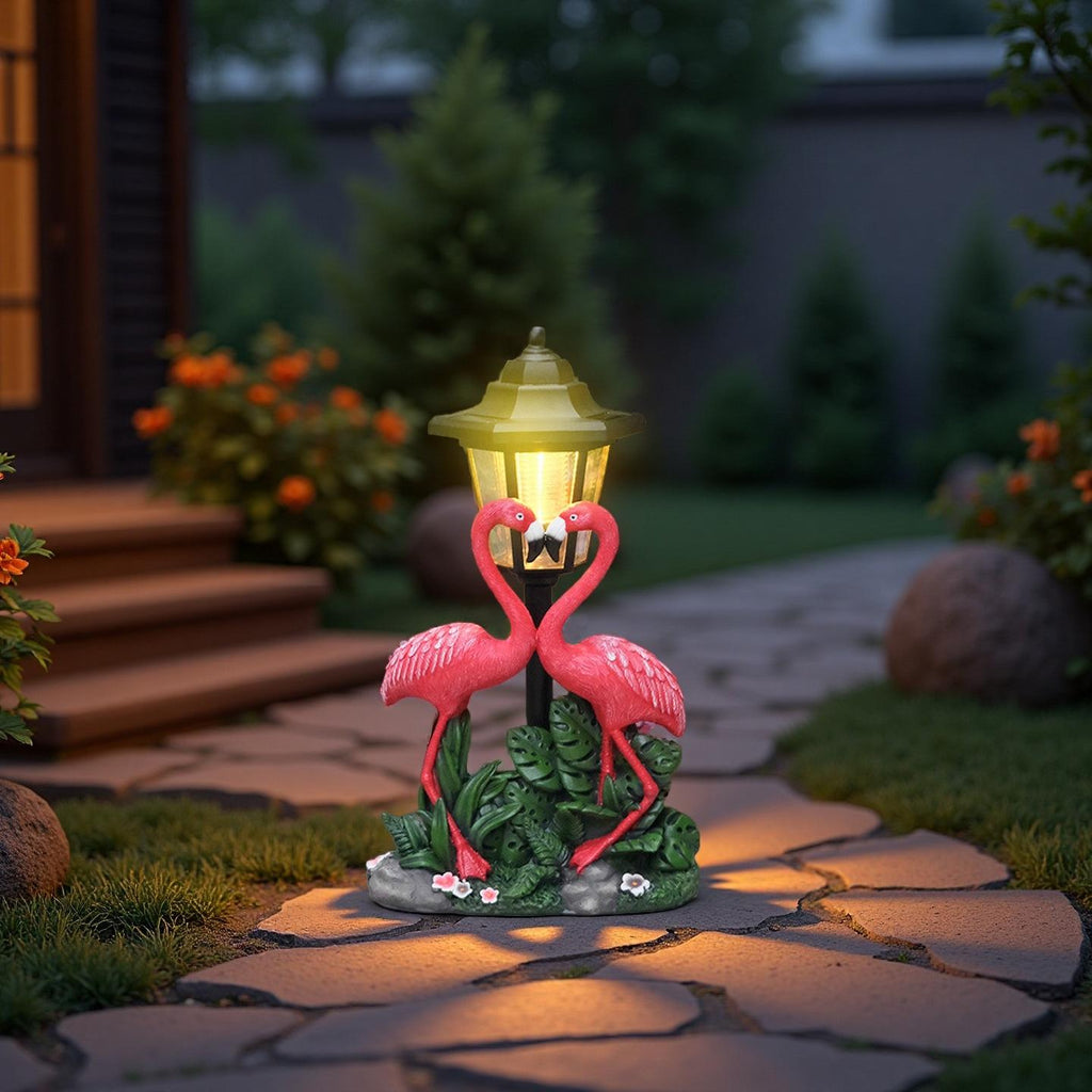 Tropical Romance Solar Lantern Statue – Hand-Painted Flamingo Garden Sculpture (12.5" Tall)