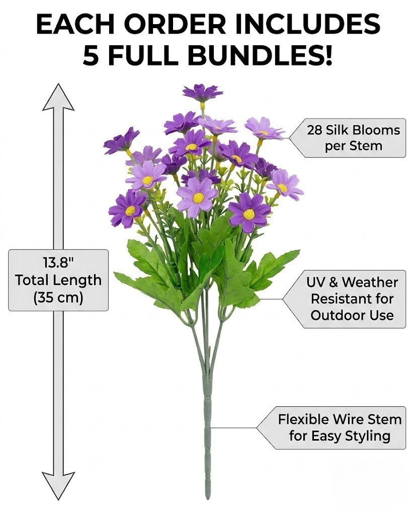 Artificial faux daisy stem bundle set, UV/weather resistant, 13.8 in length