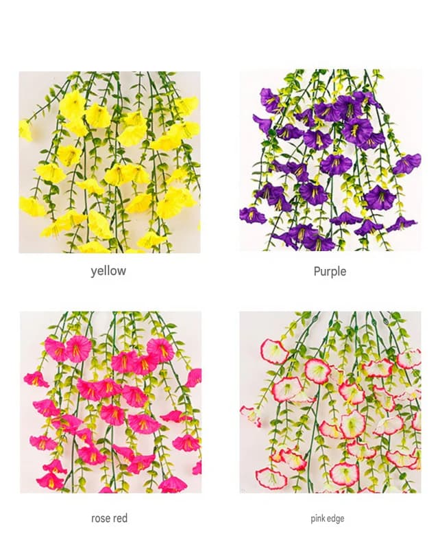 Color options for artificial hanging vine flowers: yellow, purple, rose red, pink-edge.