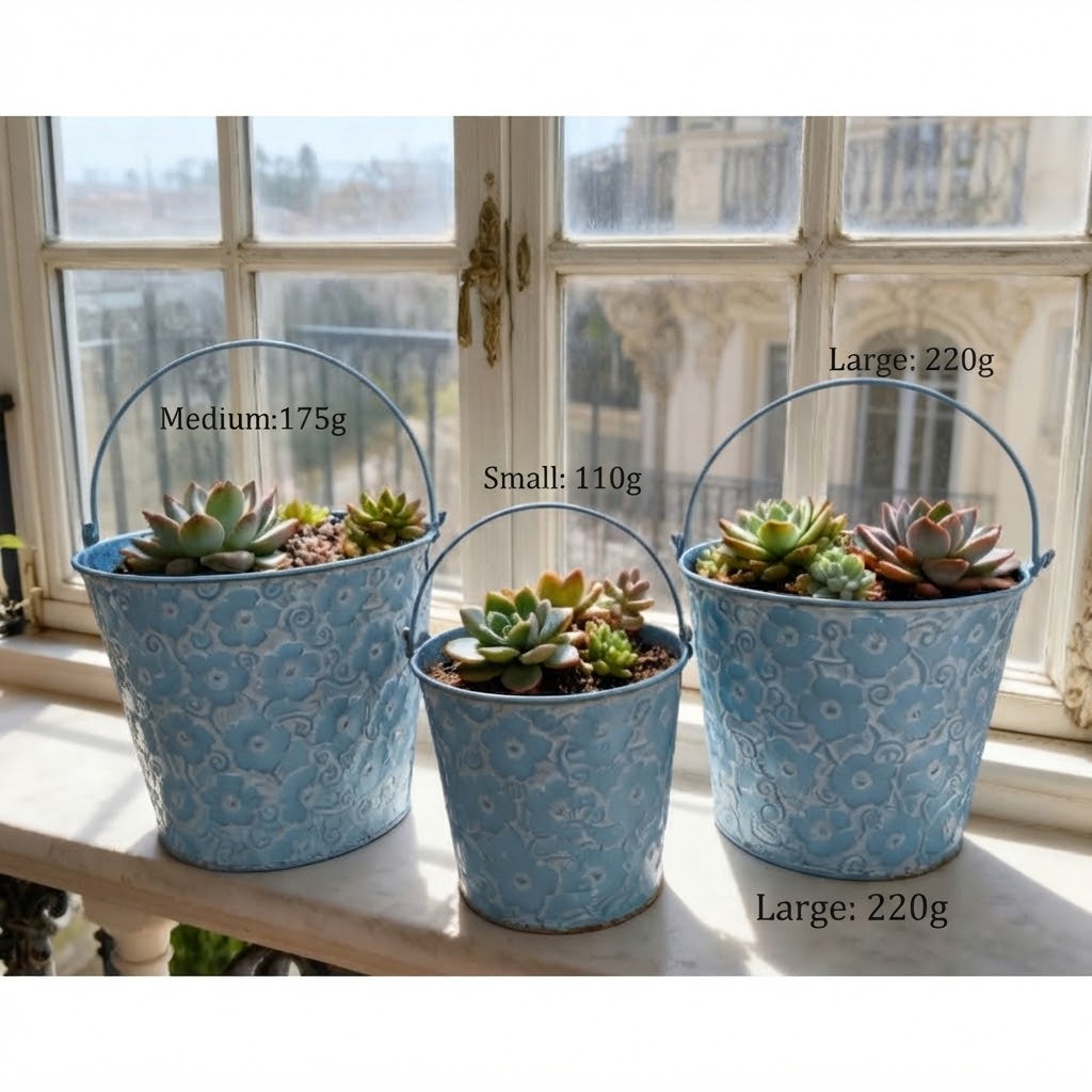 French Country Embossed Metal Planters – Vintage Floral Bucket Cachepots (Set of 3)