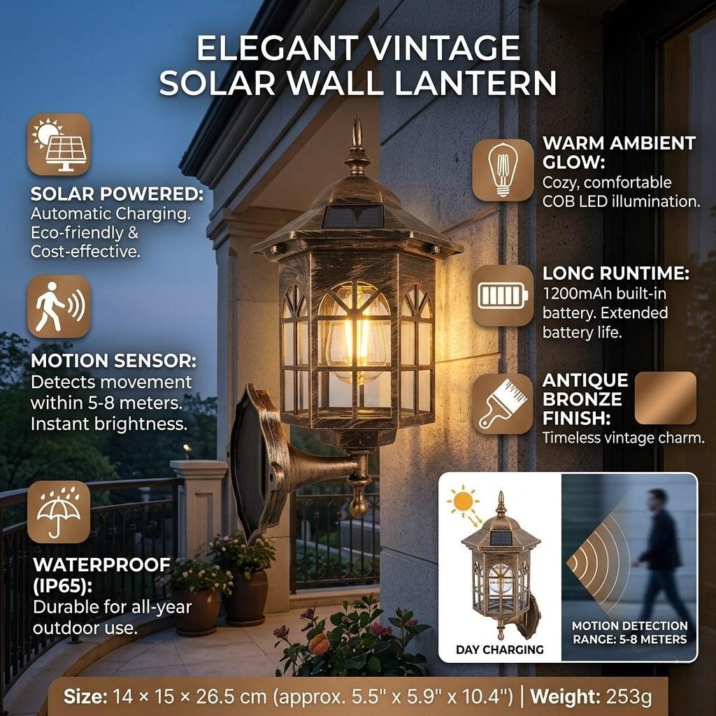 Vintage Edison Solar Wall Sconce – Motion Sensor Outdoor Porch Lantern (2 Styles, 2 Colors)