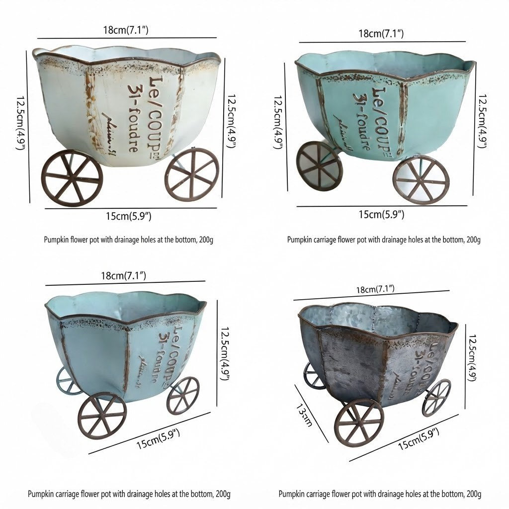 Vintage metal cart planter size diagram with wheels and drainage holes