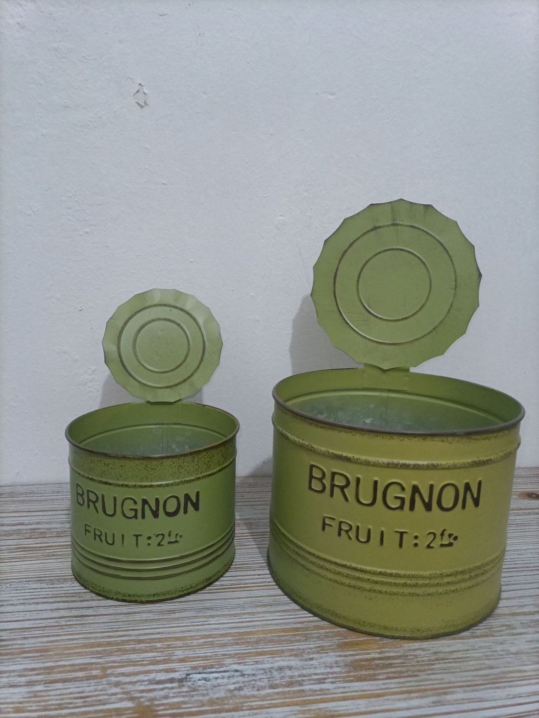Vintage French Fruit Tin Can Planter Set (Set of 2) – Rustic Metal Garden Pots