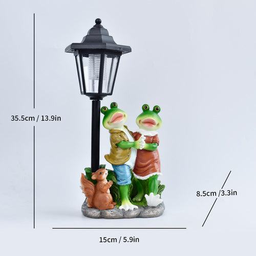 Storybook Solar Frog & Turtle Garden Statues – Hand-Painted Resin Pond Sculptures with LED Lantern - Frog Couple