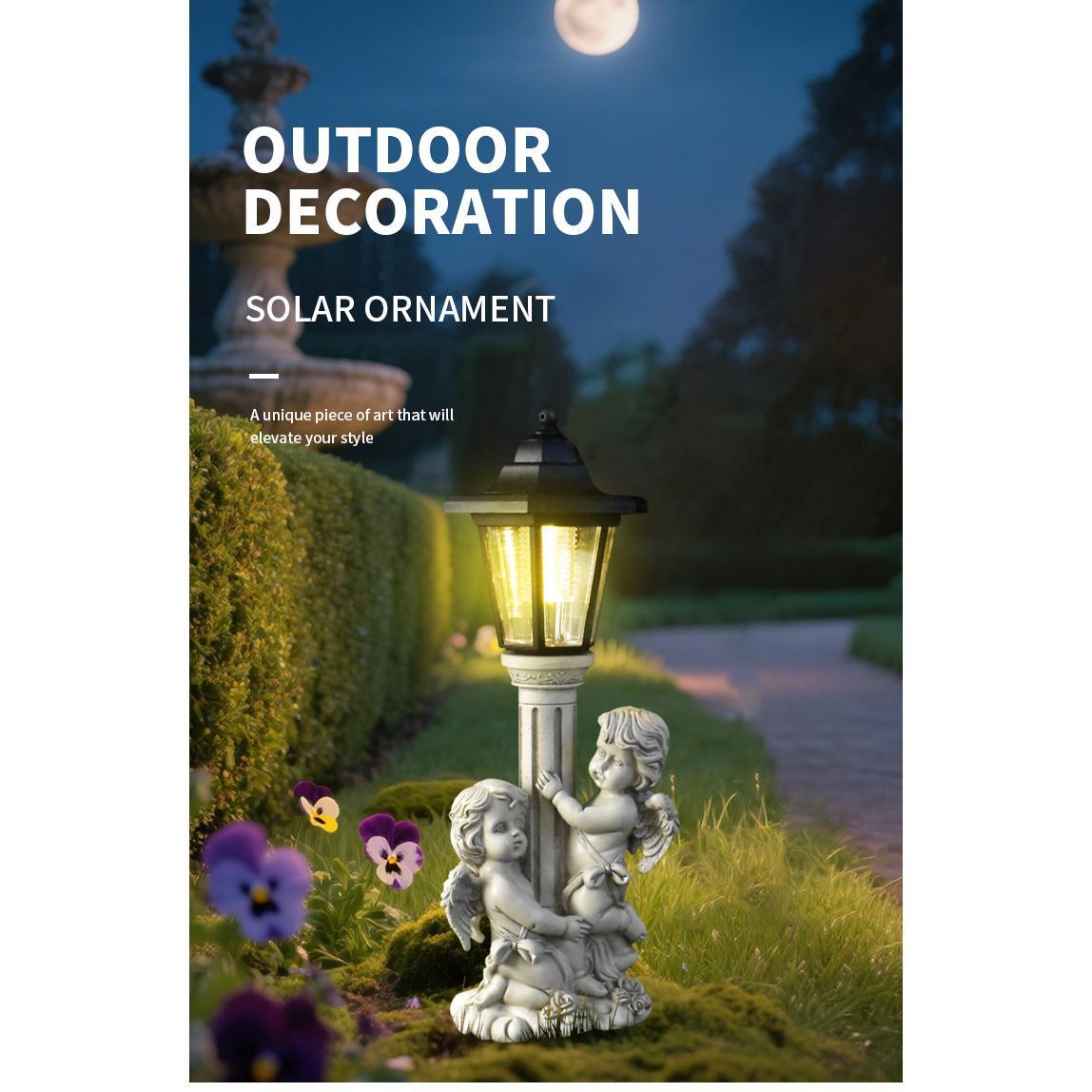 Solar ornament with decorative figures in a garden setting, labeled 'Outdoor Decoration'.