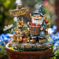 Welcome garden stake, flat acrylic gnome with blue hat and white beard, with squirrel