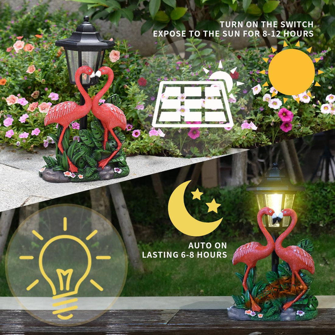 Tropical Romance Solar Lantern Statue – Hand-Painted Flamingo Garden Sculpture (12.5" Tall)