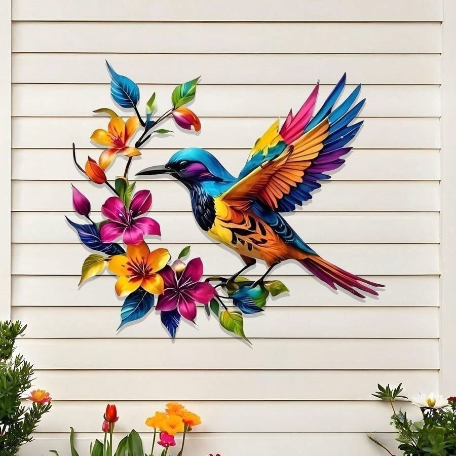 Vibrant Painted Hummingbird Wall Art – Metal Garden & Fence Sculpture (11.8" Tall)