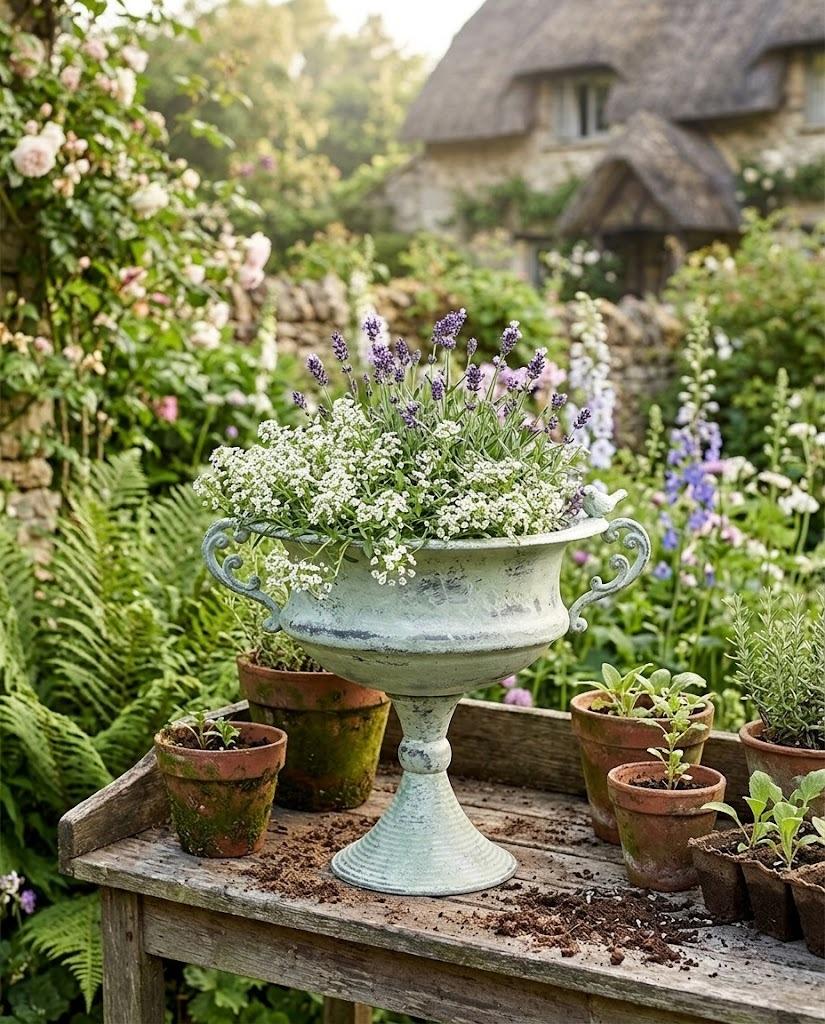 Distressed green pedestal planter urn with ornate handles and fluted base