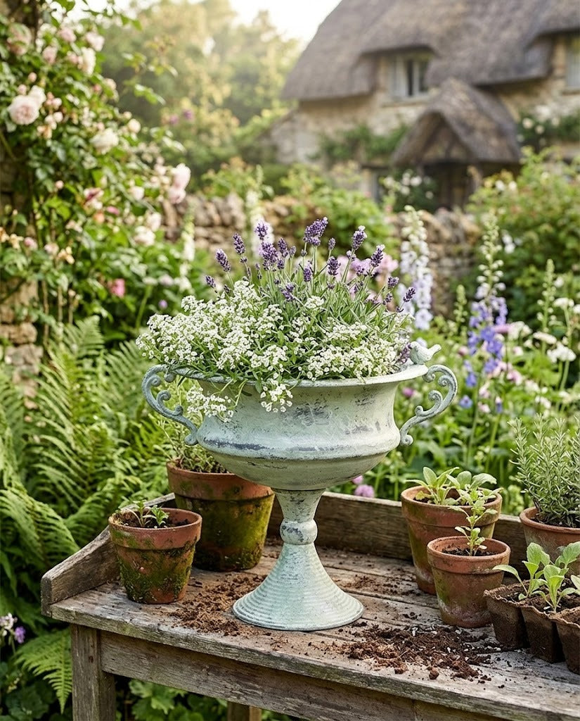 French Country Pedestal Planter Urn – Vintage Bird Trophy Garden Pot – Distressed Verdigris & Antique Gold (15.7" Tall)