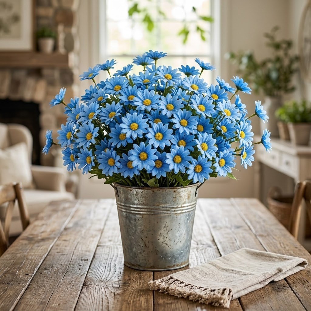 Blue and white faux daisy floral arrangement in a metal pail with green stems
