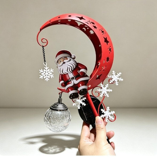 Luminous Winter Moon – Solar Metal Santa Pathway Stake with Glowing Glass Orb (33.5" Tall)