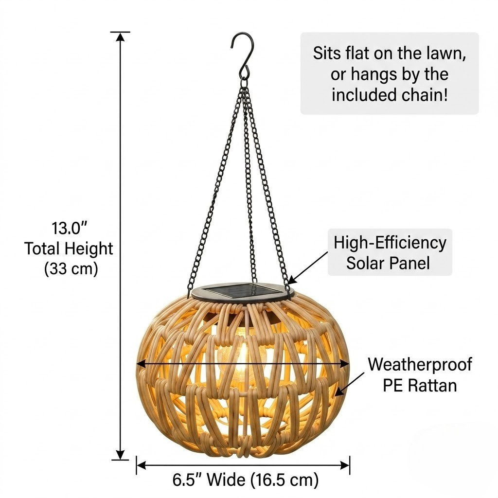 Rattan globe hanging lantern with chain, solar panel and sizing diagram shown