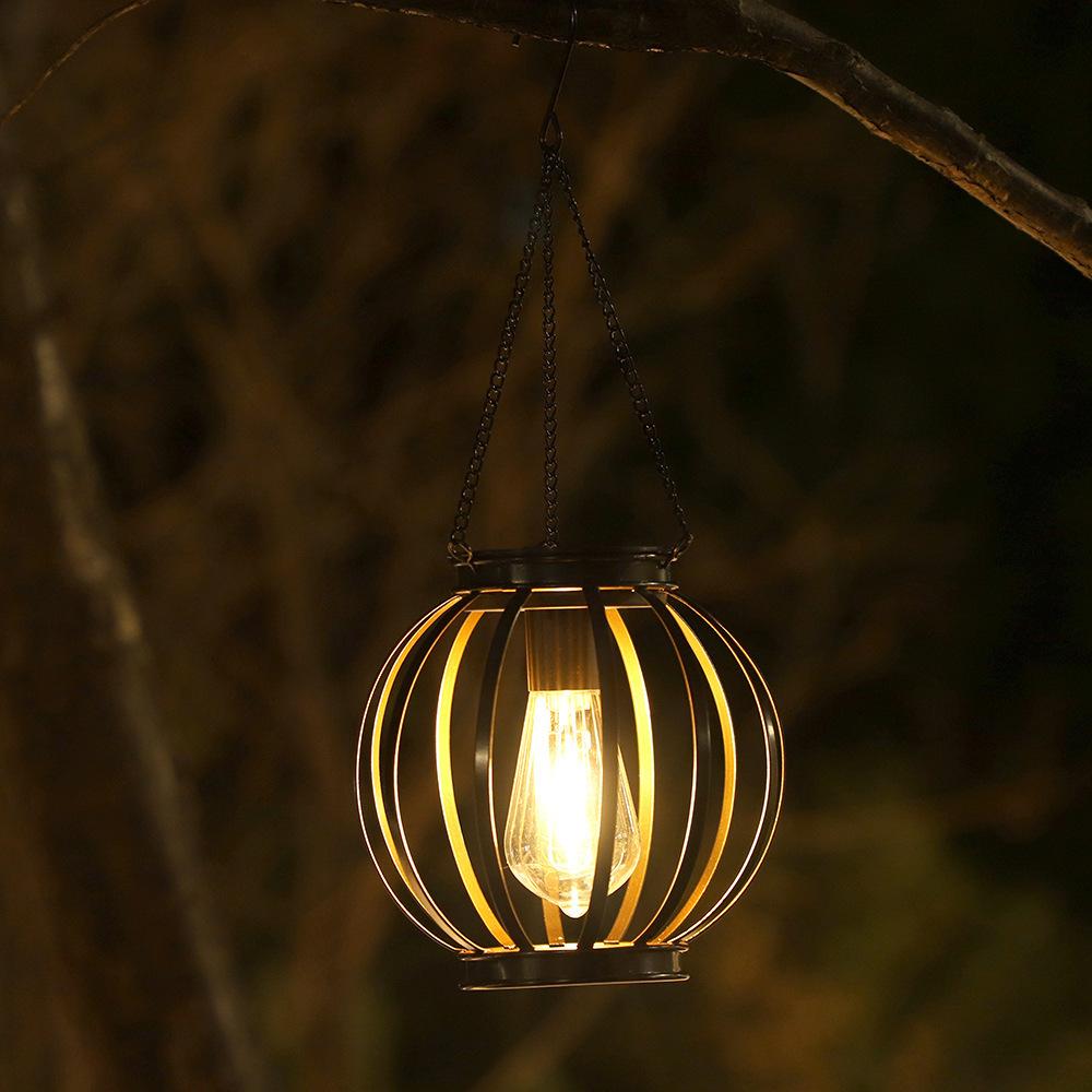 Spherical Solar Hanging Lantern – Rustic Iron Cage Outdoor Light with Vintage Edison Bulb