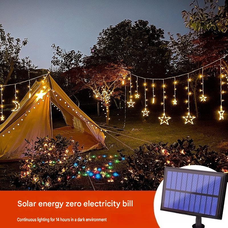 Celestial Solar Curtain Lights – Waterproof Star & Moon Outdoor Fairy Lights with Remote (11.5 ft)