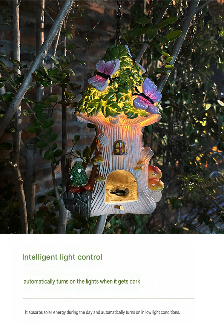 Solar Fairy Treehouse & Butterfly Lantern – Hand-Painted Glowing Woodland Garden Decor