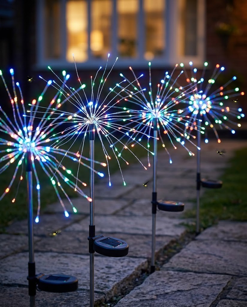 LED solar firework stake pair glowing blue and rainbow starburst light spokes