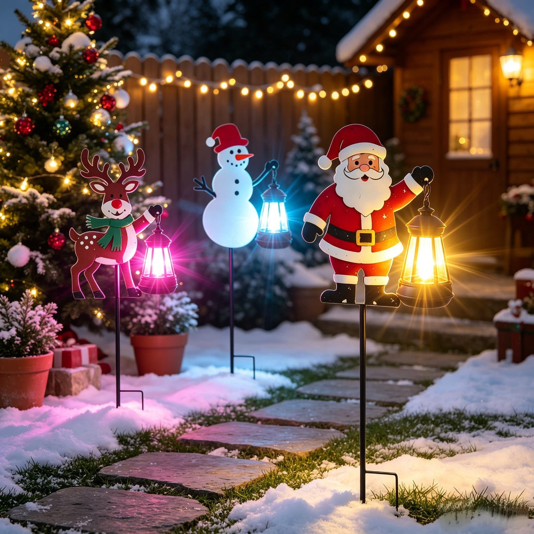 Luminous Winter Friends – Flat Metal Christmas Stake with Glowing Solar Lantern (32" Tall)