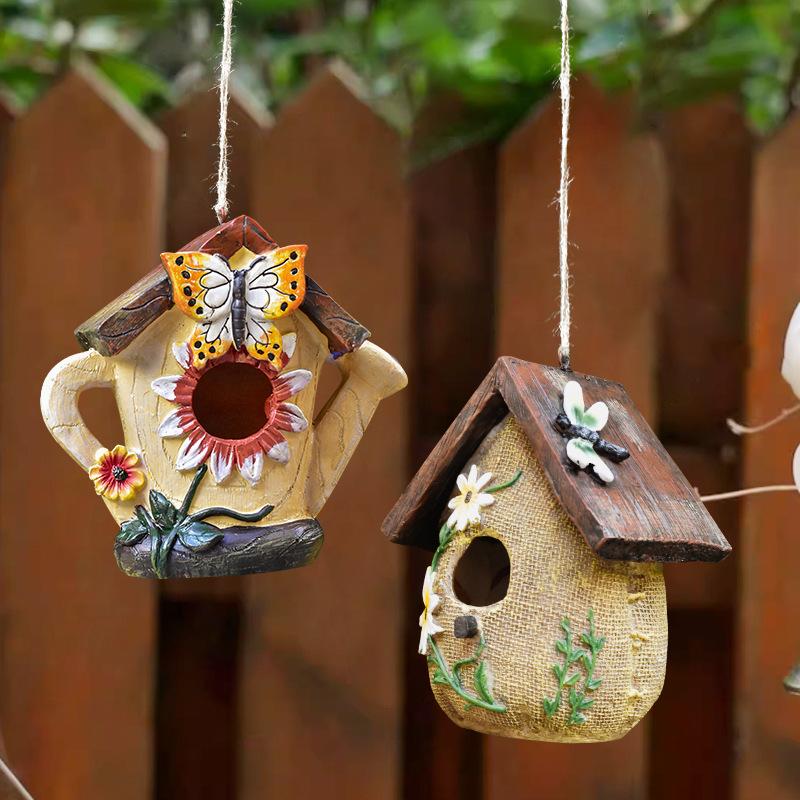 Whimsical Woodland Birdhouse Ornament – Hand-Painted Rustic Hanging Garden Decor