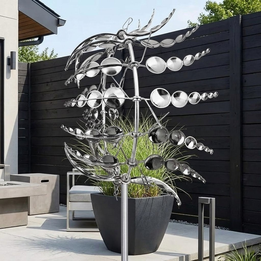 Kinetic 3D Metal Wind Spinner – Rotating Sunburst Garden Stake Sculpture (36" Tall)