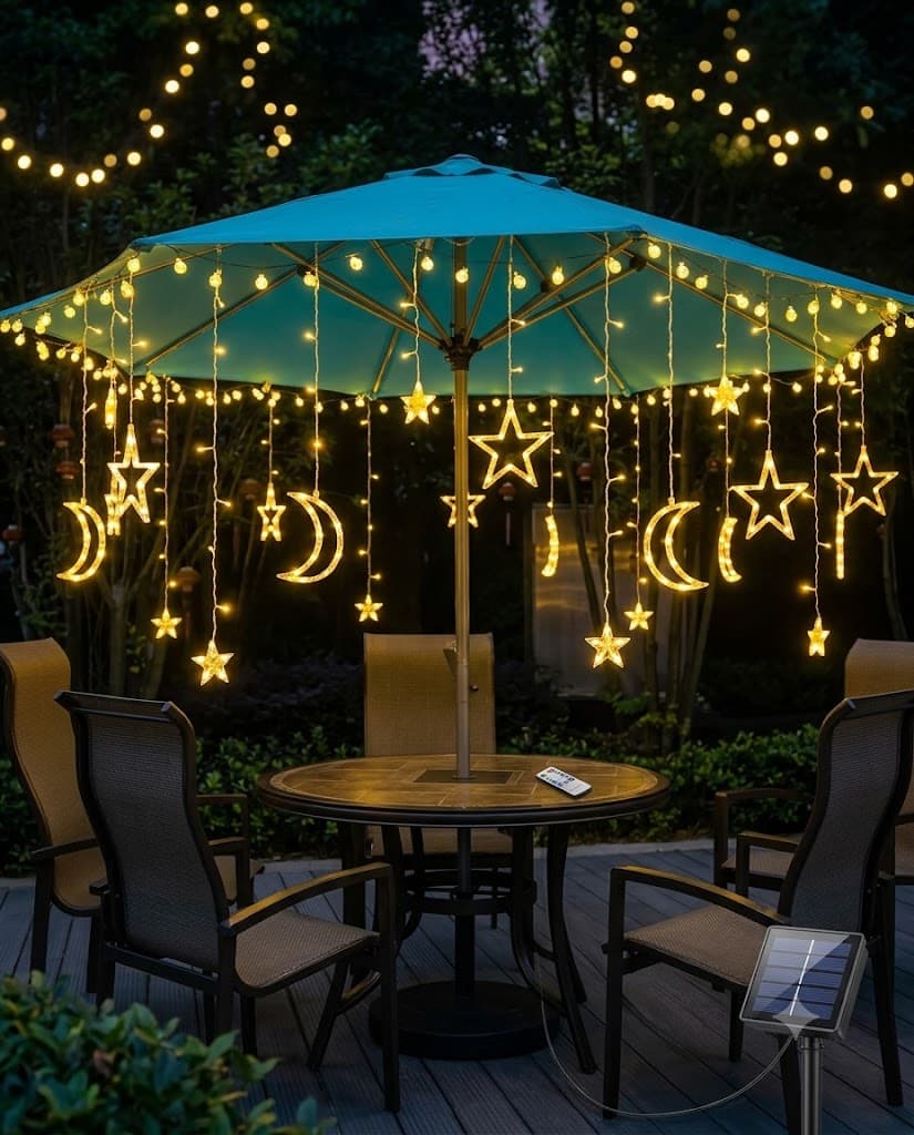 Celestial Solar Curtain Lights – Waterproof Star & Moon Outdoor Fairy Lights with Remote (11.5 ft)
