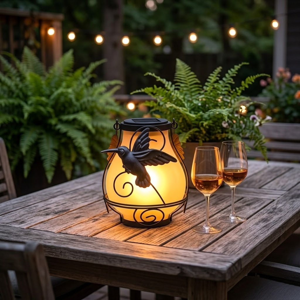 Hanging solar flame lantern with frosted glass, bird silhouette cutout, warm glowing light