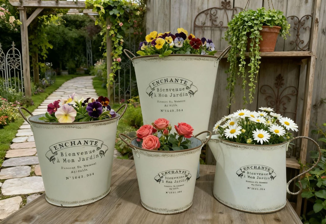 Vintage French Country Metal Planter Set of 4 – Rustic "Enchanté" Collection