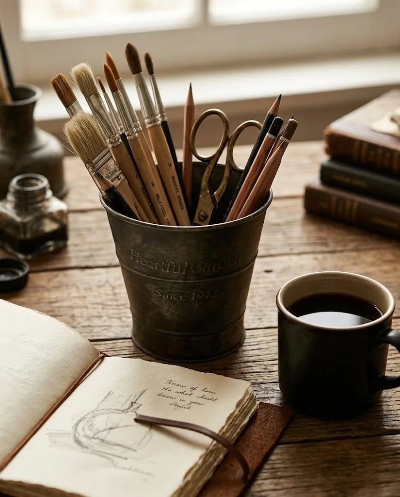 Heartful Garden Vintage Metal Planter Bucket – Rustic Embossed Farmhouse Tin Planter & Desk Organizer (Since 1972) – 5.3" x 4.7"