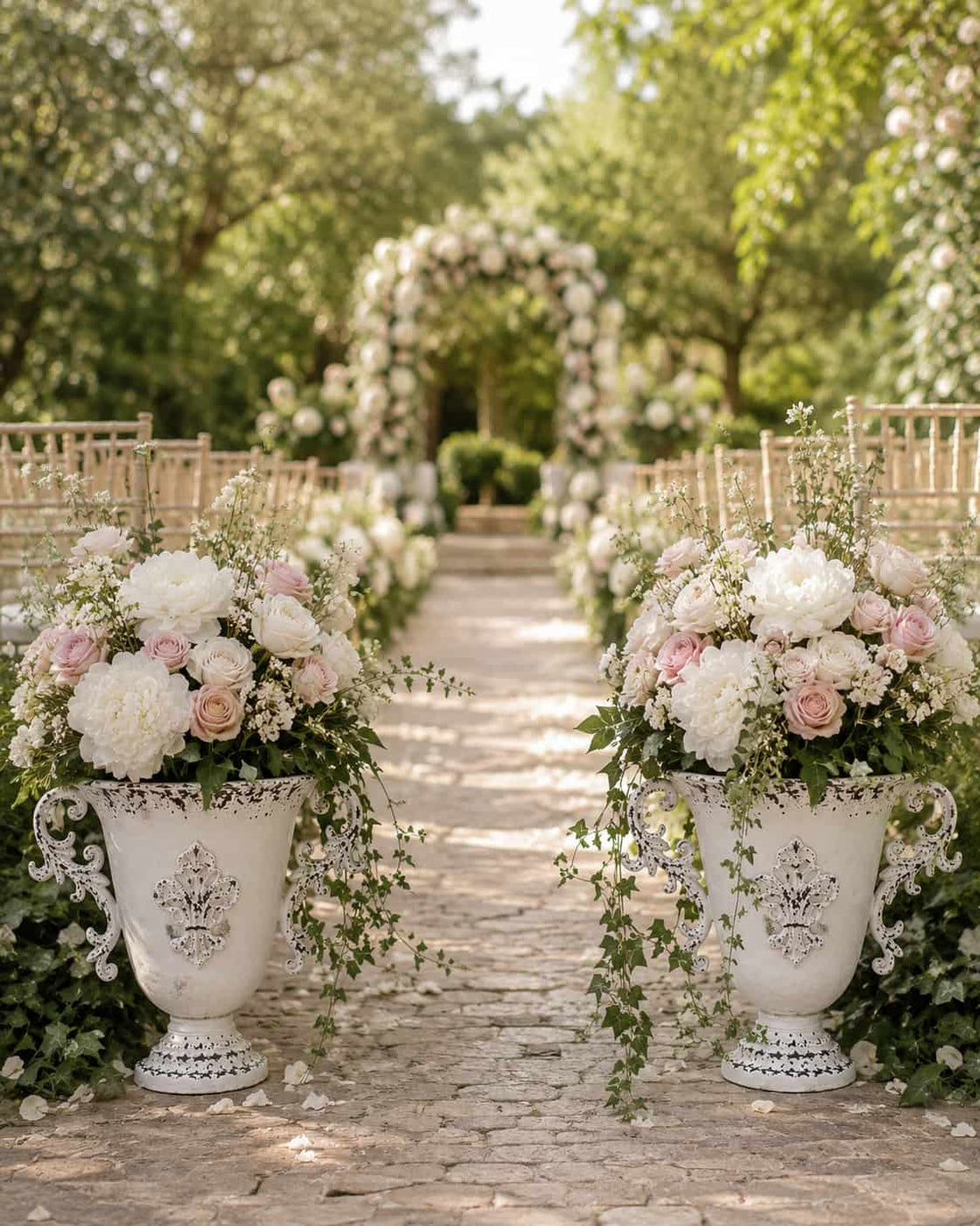 Pair of distressed white trophy urn planters with ornate crest and decorative handles