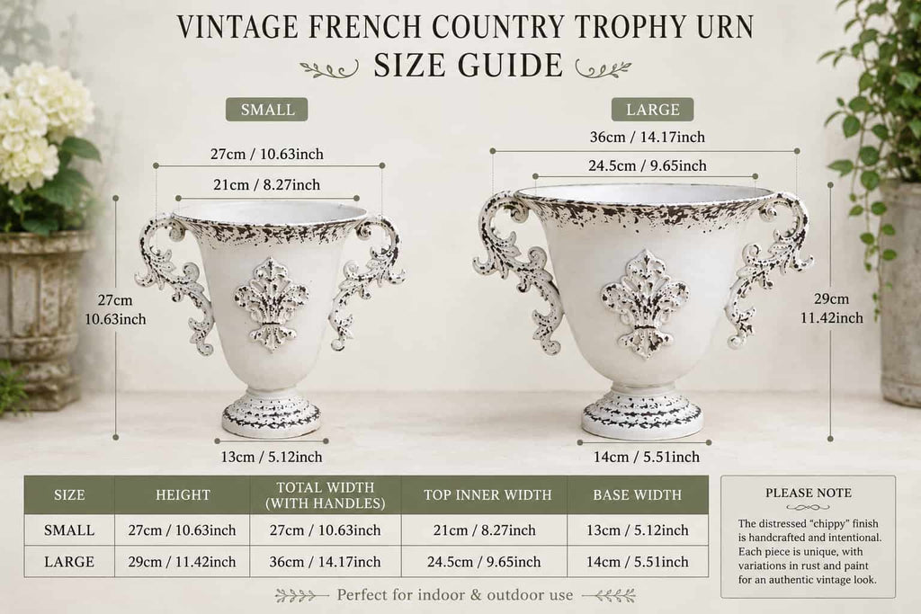 Vintage French country trophy urn size guide with measurements on a neutral background.