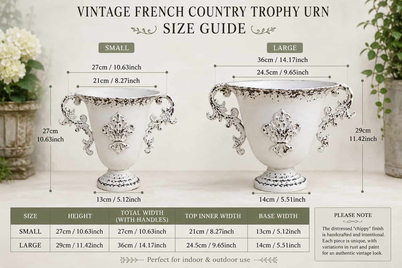 Vintage French country trophy urn size guide with measurements on a neutral background.