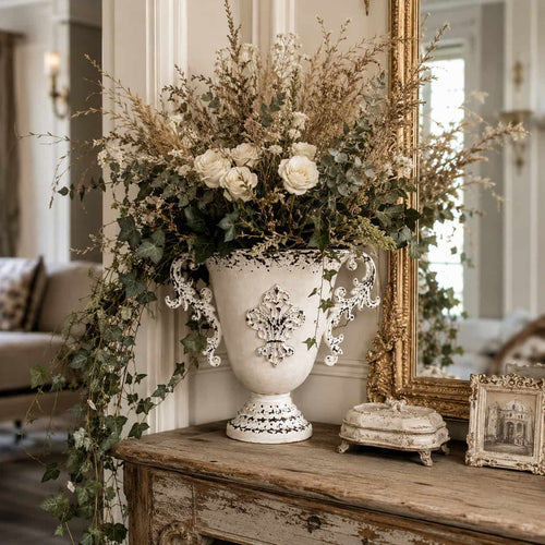 Decorative floral arrangement in an ornate white vase on a wooden console table.