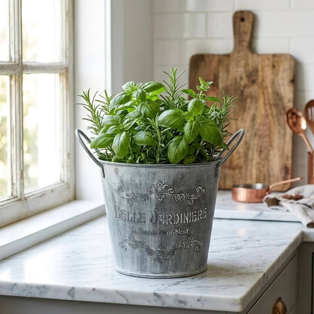 French Vintage Galvanized Planter Bucket – "Belle Jardinière" Rustic Metal Garden Tub with Handles (3 Sizes) - The Curated Shop