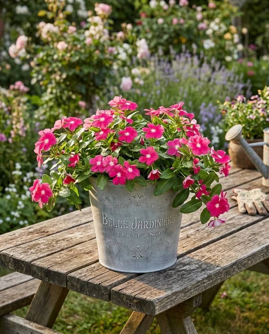 Pink flowers in a metal bucket on a wooden table with a garden background