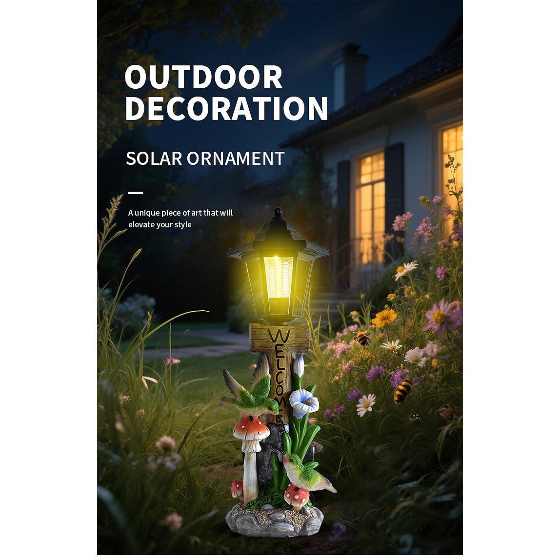 Solar outdoor decoration lamp with garden scene and house in the background