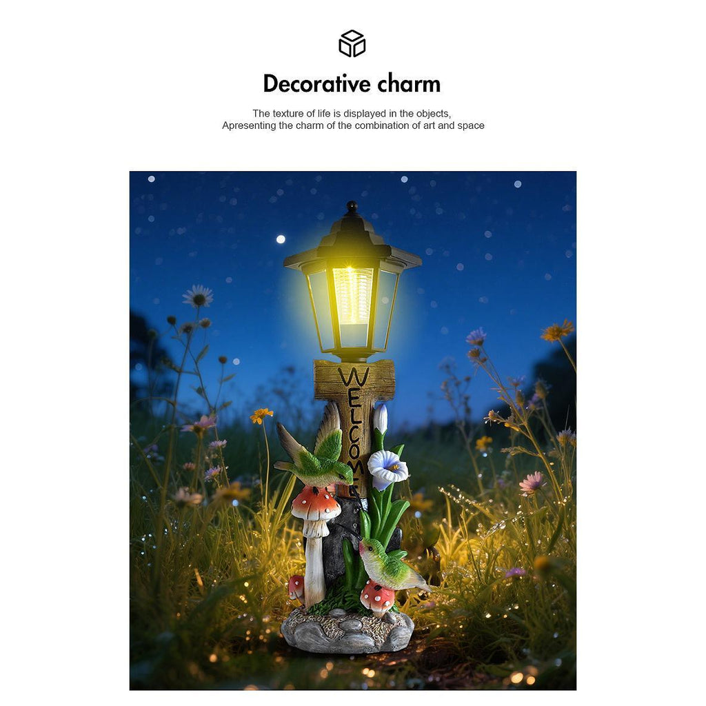 Decorative garden light with mushrooms and flowers in a night scene
